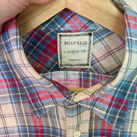 Billy Reid Red, Blue, Cream Plaid Linen Button Down Shirt- Size Men's Large - Picture 6 of 6